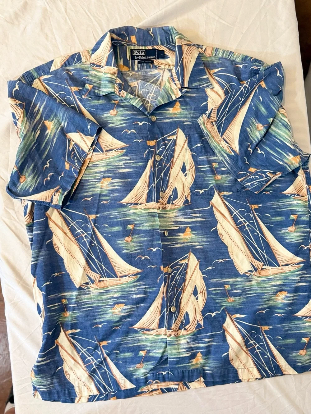 Polo Ralph Lauren Vintage Camp Shirt Men’s Lg Blue Nautical Short Sleeve (HH26)